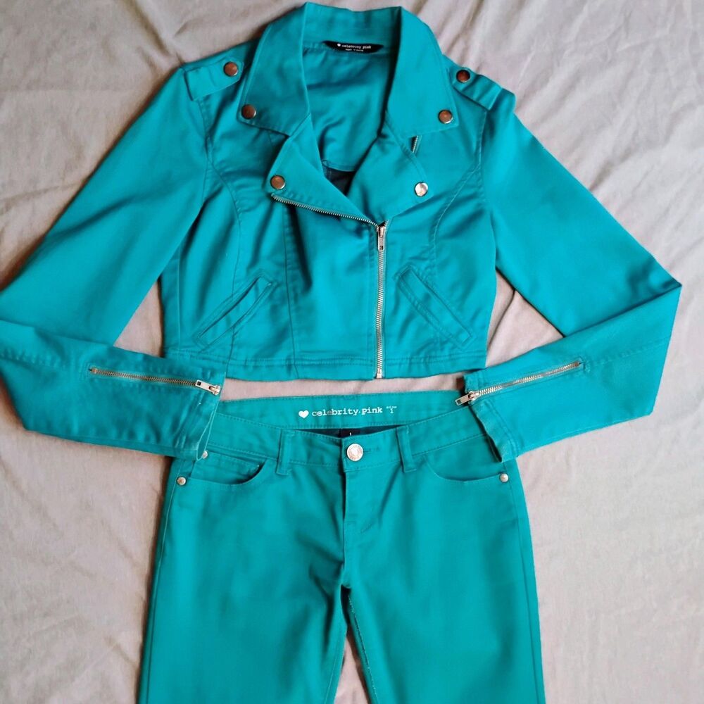Celebrity Pink y2k Teal Outfit Set Womens Small / Pants Size 1 Moto Jacket Pants - Picture 3 of 16
